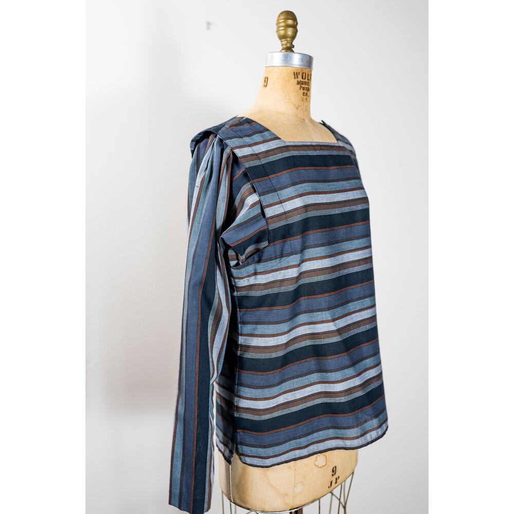 Vintage 70s Gray Brown Striped Mod Tunic Blouse Longsleeved, 1970s Academia, Med